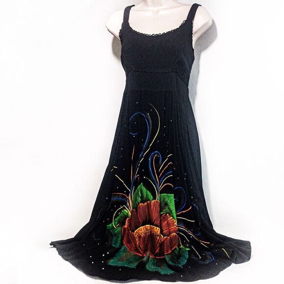 VTG Moda Brasil Black Smocked Sundress Hand Painted Made in Brazil Sz M - Picture 1 of 11